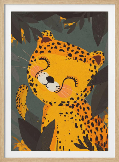 A cute, stylized illustration of a happy leopard with its eyes closed, smiling contentedly. The yellow and black-spotted leopard is surrounded by dark green and black jungle foliage. Decor