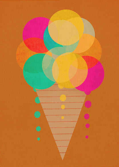 A modern graphic art print of an ice cream cone on a burnt orange background. The ice cream is composed of multiple overlapping, translucent circles in bright pink, yellow, and teal, with drips falling down the sides of a patterned cone. Print