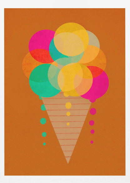 A modern graphic art print of an ice cream cone on a burnt orange background. The ice cream is composed of multiple overlapping, translucent circles in bright pink, yellow, and teal, with drips falling down the sides of a patterned cone. Print