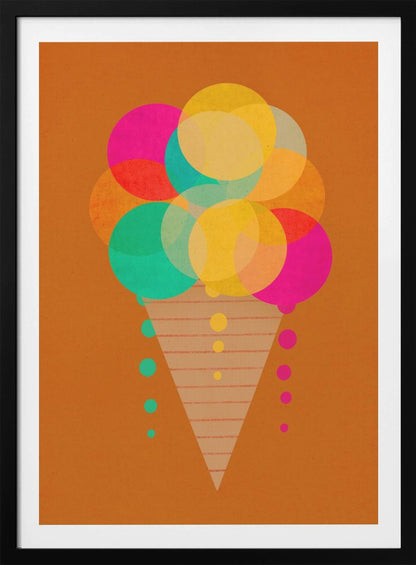 A modern graphic art print of an ice cream cone on a burnt orange background. The ice cream is composed of multiple overlapping, translucent circles in bright pink, yellow, and teal, with drips falling down the sides of a patterned cone. Print