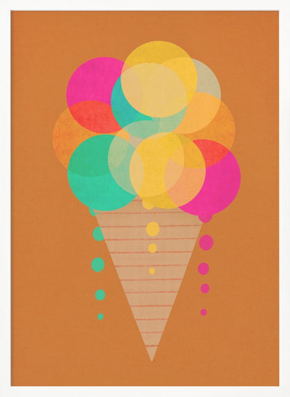 A modern graphic art print of an ice cream cone on a burnt orange background. The ice cream is composed of multiple overlapping, translucent circles in bright pink, yellow, and teal, with drips falling down the sides of a patterned cone. Print