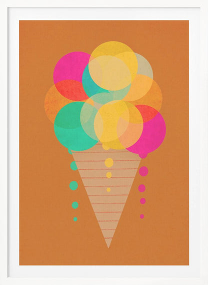A modern graphic art print of an ice cream cone on a burnt orange background. The ice cream is composed of multiple overlapping, translucent circles in bright pink, yellow, and teal, with drips falling down the sides of a patterned cone. Print