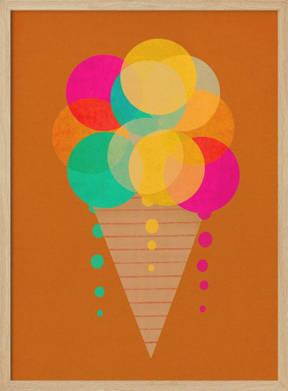 A modern graphic art print of an ice cream cone on a burnt orange background. The ice cream is composed of multiple overlapping, translucent circles in bright pink, yellow, and teal, with drips falling down the sides of a patterned cone. Print