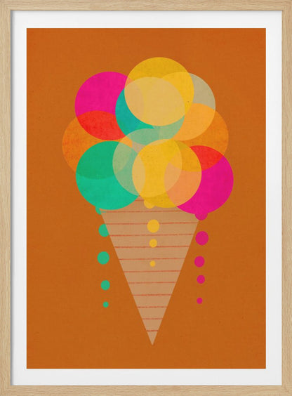A modern graphic art print of an ice cream cone on a burnt orange background. The ice cream is composed of multiple overlapping, translucent circles in bright pink, yellow, and teal, with drips falling down the sides of a patterned cone. Print