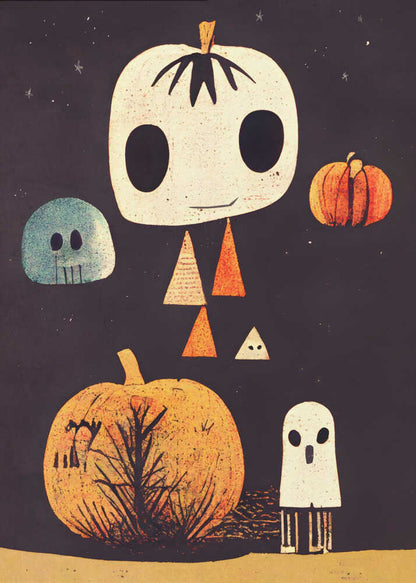 A whimsical Halloween illustration with several stylized characters against a dark starry background. The main figure is a large, cream-colored pumpkin head with big black eyes and a body made of triangles. It is surrounded by a blue skull, a small orange pumpkin, a large orange pumpkin with a tree silhouette, and a small white ghost. Print