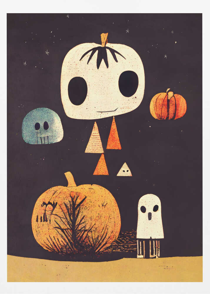 A whimsical Halloween illustration with several stylized characters against a dark starry background. The main figure is a large, cream-colored pumpkin head with big black eyes and a body made of triangles. It is surrounded by a blue skull, a small orange pumpkin, a large orange pumpkin with a tree silhouette, and a small white ghost. Print