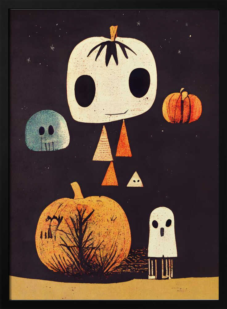 A whimsical Halloween illustration with several stylized characters against a dark starry background. The main figure is a large, cream-colored pumpkin head with big black eyes and a body made of triangles. It is surrounded by a blue skull, a small orange pumpkin, a large orange pumpkin with a tree silhouette, and a small white ghost. Print