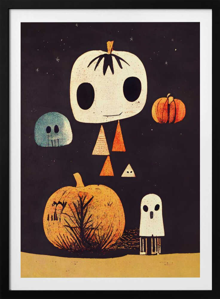 A whimsical Halloween illustration with several stylized characters against a dark starry background. The main figure is a large, cream-colored pumpkin head with big black eyes and a body made of triangles. It is surrounded by a blue skull, a small orange pumpkin, a large orange pumpkin with a tree silhouette, and a small white ghost. Print