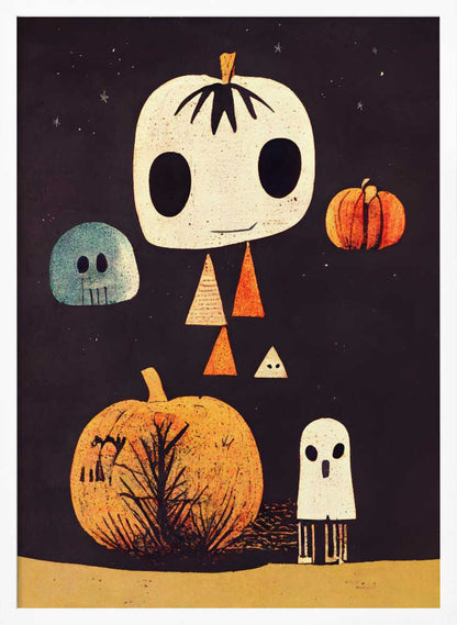 A whimsical Halloween illustration with several stylized characters against a dark starry background. The main figure is a large, cream-colored pumpkin head with big black eyes and a body made of triangles. It is surrounded by a blue skull, a small orange pumpkin, a large orange pumpkin with a tree silhouette, and a small white ghost. Print