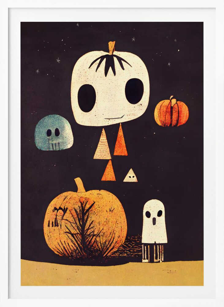 A whimsical Halloween illustration with several stylized characters against a dark starry background. The main figure is a large, cream-colored pumpkin head with big black eyes and a body made of triangles. It is surrounded by a blue skull, a small orange pumpkin, a large orange pumpkin with a tree silhouette, and a small white ghost. Print