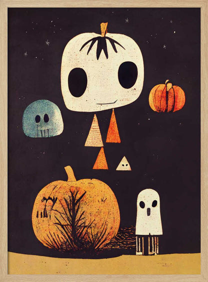 A whimsical Halloween illustration with several stylized characters against a dark starry background. The main figure is a large, cream-colored pumpkin head with big black eyes and a body made of triangles. It is surrounded by a blue skull, a small orange pumpkin, a large orange pumpkin with a tree silhouette, and a small white ghost. Print
