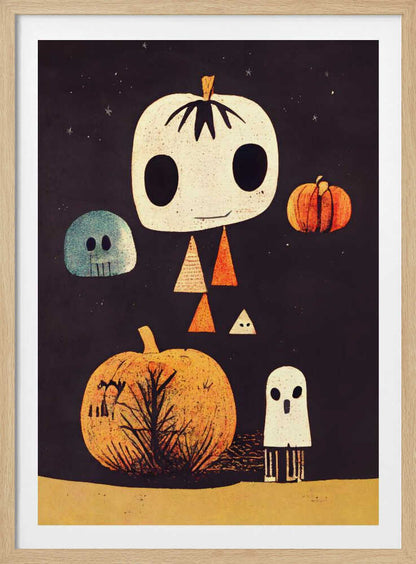 A whimsical Halloween illustration with several stylized characters against a dark starry background. The main figure is a large, cream-colored pumpkin head with big black eyes and a body made of triangles. It is surrounded by a blue skull, a small orange pumpkin, a large orange pumpkin with a tree silhouette, and a small white ghost. Print