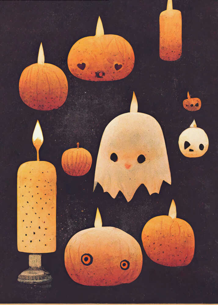 A whimsical Halloween illustration featuring a cute white ghost and several orange pumpkins with carved faces, all lit like candles with flames on their heads. The characters are set against a dark, textured background, creating a charming and spooky scene. Artwork