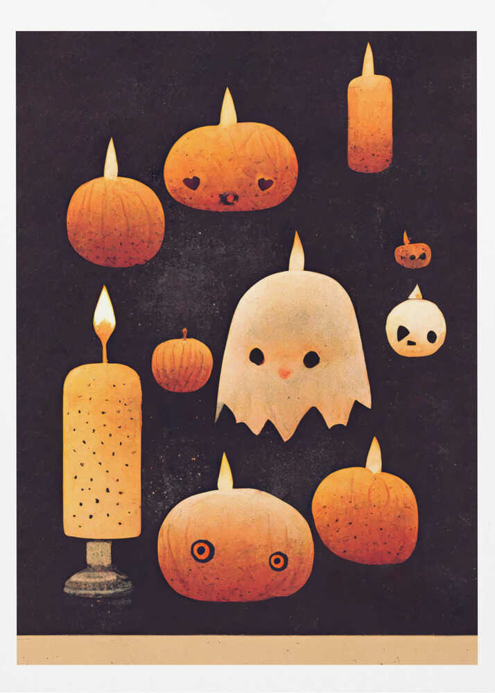 A whimsical Halloween illustration featuring a cute white ghost and several orange pumpkins with carved faces, all lit like candles with flames on their heads. The characters are set against a dark, textured background, creating a charming and spooky scene. Artwork