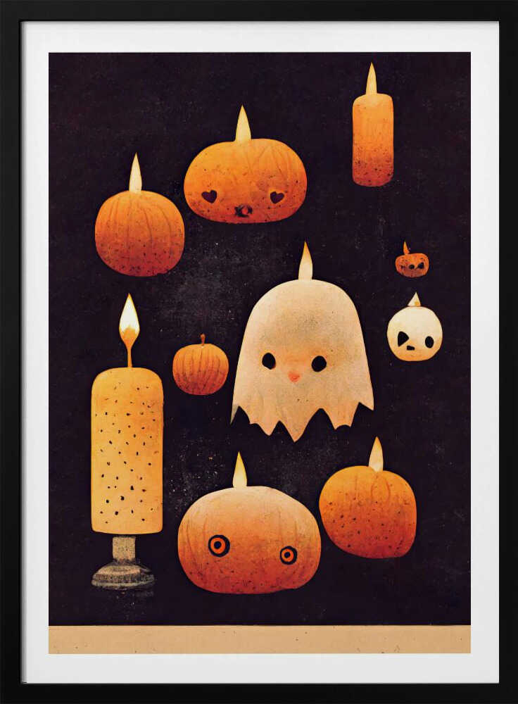 A whimsical Halloween illustration featuring a cute white ghost and several orange pumpkins with carved faces, all lit like candles with flames on their heads. The characters are set against a dark, textured background, creating a charming and spooky scene. Artwork