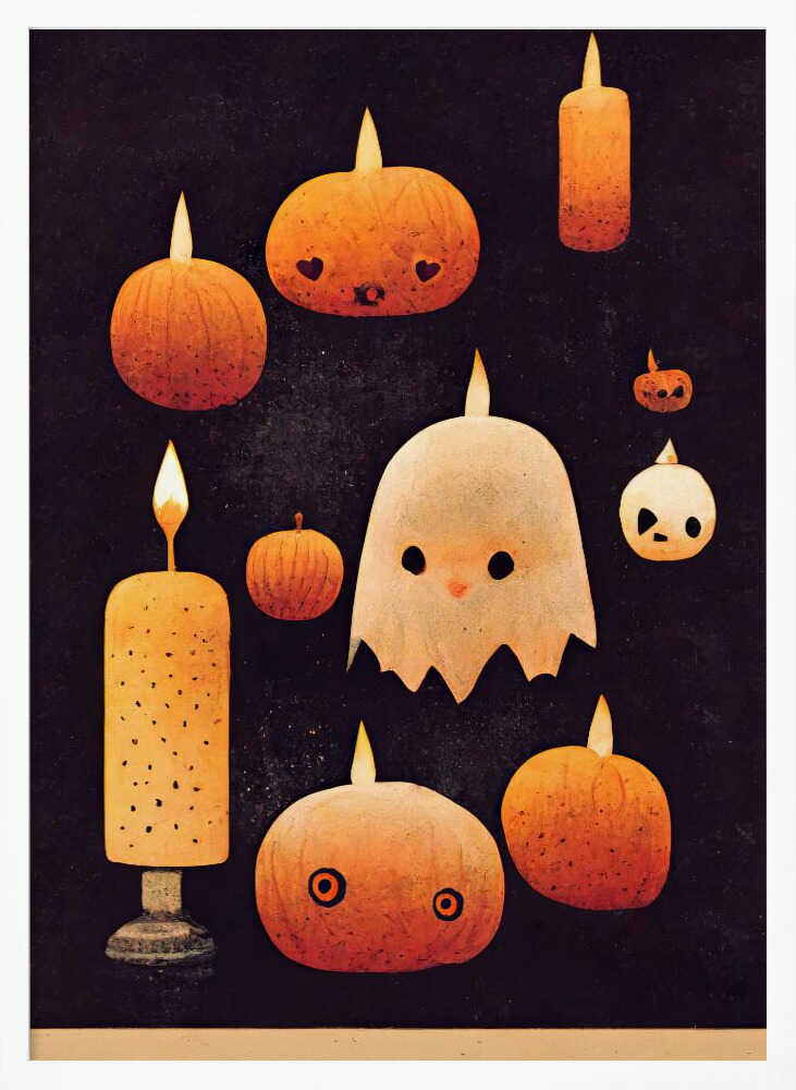 A whimsical Halloween illustration featuring a cute white ghost and several orange pumpkins with carved faces, all lit like candles with flames on their heads. The characters are set against a dark, textured background, creating a charming and spooky scene. Artwork