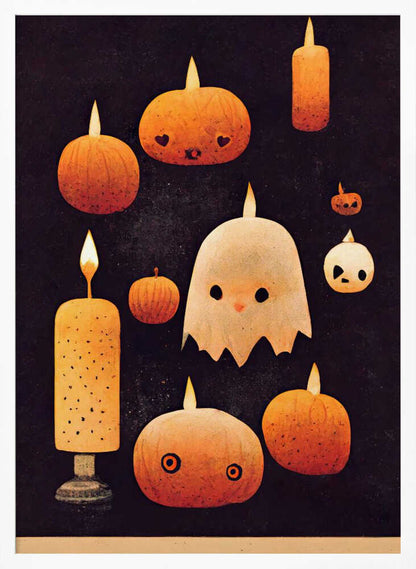 A whimsical Halloween illustration featuring a cute white ghost and several orange pumpkins with carved faces, all lit like candles with flames on their heads. The characters are set against a dark, textured background, creating a charming and spooky scene. Artwork