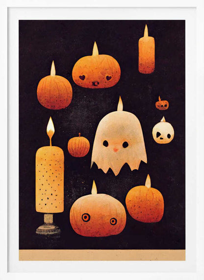 A whimsical Halloween illustration featuring a cute white ghost and several orange pumpkins with carved faces, all lit like candles with flames on their heads. The characters are set against a dark, textured background, creating a charming and spooky scene. Artwork