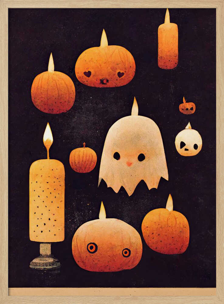 A whimsical Halloween illustration featuring a cute white ghost and several orange pumpkins with carved faces, all lit like candles with flames on their heads. The characters are set against a dark, textured background, creating a charming and spooky scene. Artwork