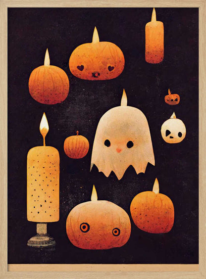 A whimsical Halloween illustration featuring a cute white ghost and several orange pumpkins with carved faces, all lit like candles with flames on their heads. The characters are set against a dark, textured background, creating a charming and spooky scene. Artwork