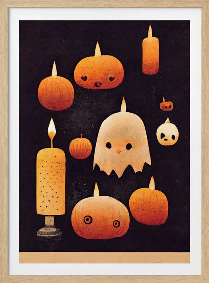 A whimsical Halloween illustration featuring a cute white ghost and several orange pumpkins with carved faces, all lit like candles with flames on their heads. The characters are set against a dark, textured background, creating a charming and spooky scene. Artwork