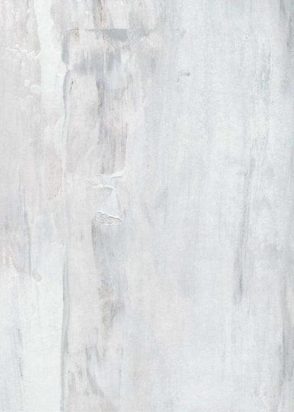 Abstract painting with textured white and grey vertical strokes, creating a distressed, minimalist look.