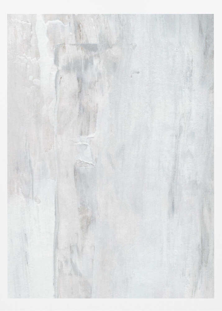 Abstract painting with textured white and grey vertical strokes, creating a distressed, minimalist look.