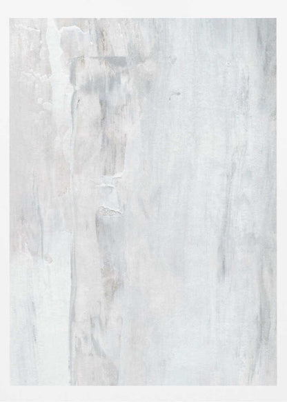Abstract painting with textured white and grey vertical strokes, creating a distressed, minimalist look.
