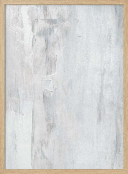 Abstract painting with textured white and grey vertical strokes, creating a distressed, minimalist look.