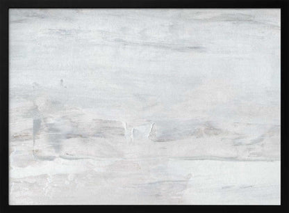 Abstract wall art with textured white and grey brushstrokes in a silver frame.