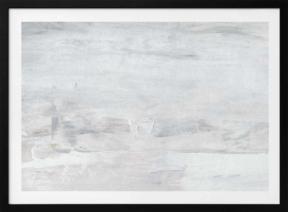 Abstract wall art with textured white and grey brushstrokes in a silver frame.