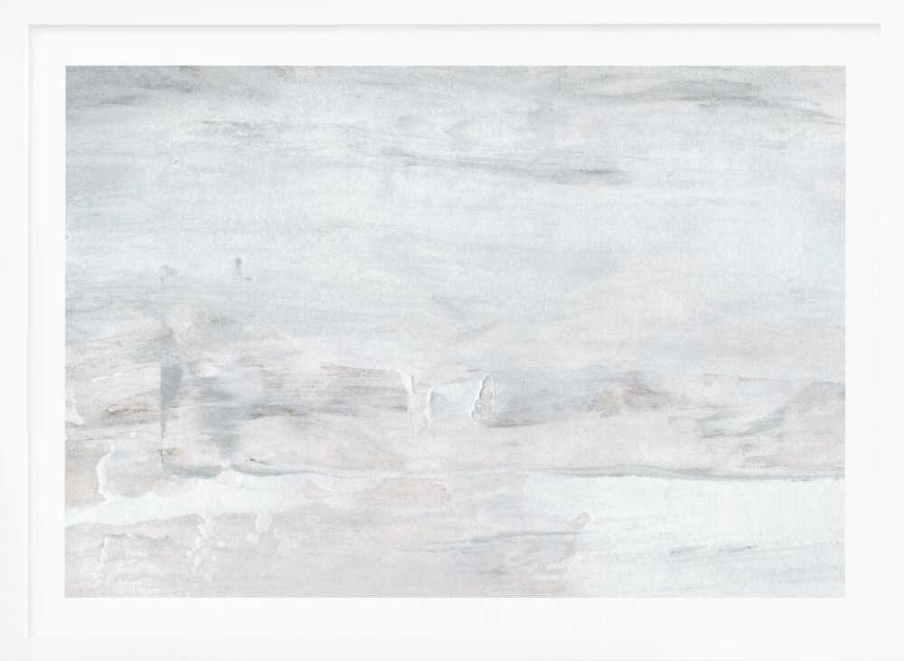 Abstract wall art with textured white and grey brushstrokes in a silver frame.