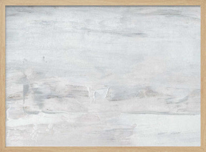 Abstract wall art with textured white and grey brushstrokes in a silver frame.