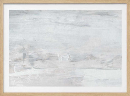 Abstract wall art with textured white and grey brushstrokes in a silver frame.