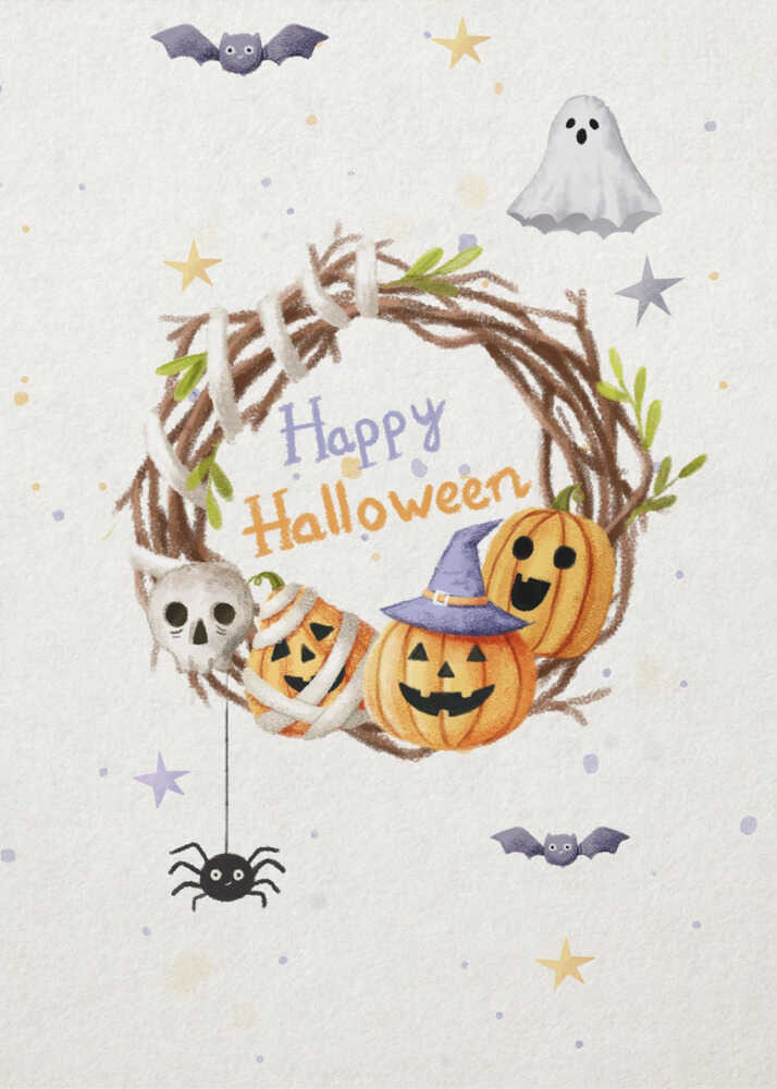 A charming watercolor illustration for Halloween featuring a twig wreath decorated with smiling jack-o'-lanterns, a skull, and the words 'Happy Halloween'. The scene is surrounded by a friendly ghost, bats, a spider, and stars on a light, speckled background, all within a black frame. Decor