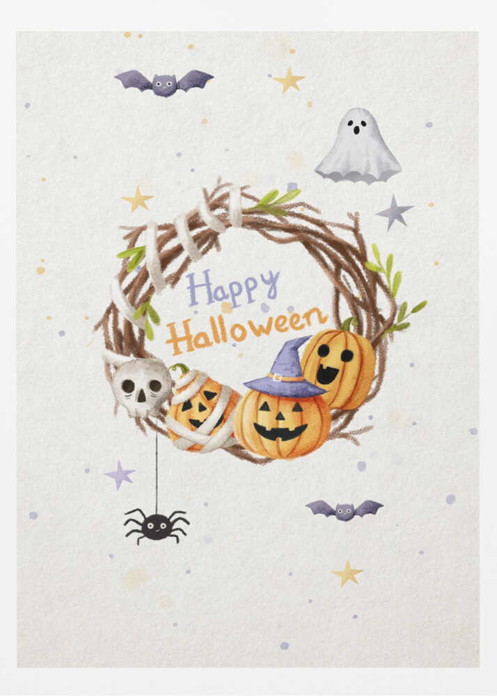 A charming watercolor illustration for Halloween featuring a twig wreath decorated with smiling jack-o'-lanterns, a skull, and the words 'Happy Halloween'. The scene is surrounded by a friendly ghost, bats, a spider, and stars on a light, speckled background, all within a black frame. Decor