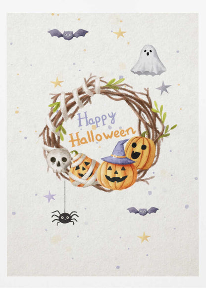 A charming watercolor illustration for Halloween featuring a twig wreath decorated with smiling jack-o'-lanterns, a skull, and the words 'Happy Halloween'. The scene is surrounded by a friendly ghost, bats, a spider, and stars on a light, speckled background, all within a black frame. Decor