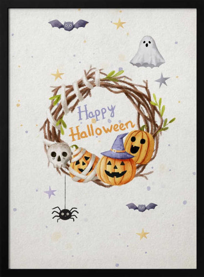 A charming watercolor illustration for Halloween featuring a twig wreath decorated with smiling jack-o'-lanterns, a skull, and the words 'Happy Halloween'. The scene is surrounded by a friendly ghost, bats, a spider, and stars on a light, speckled background, all within a black frame. Decor