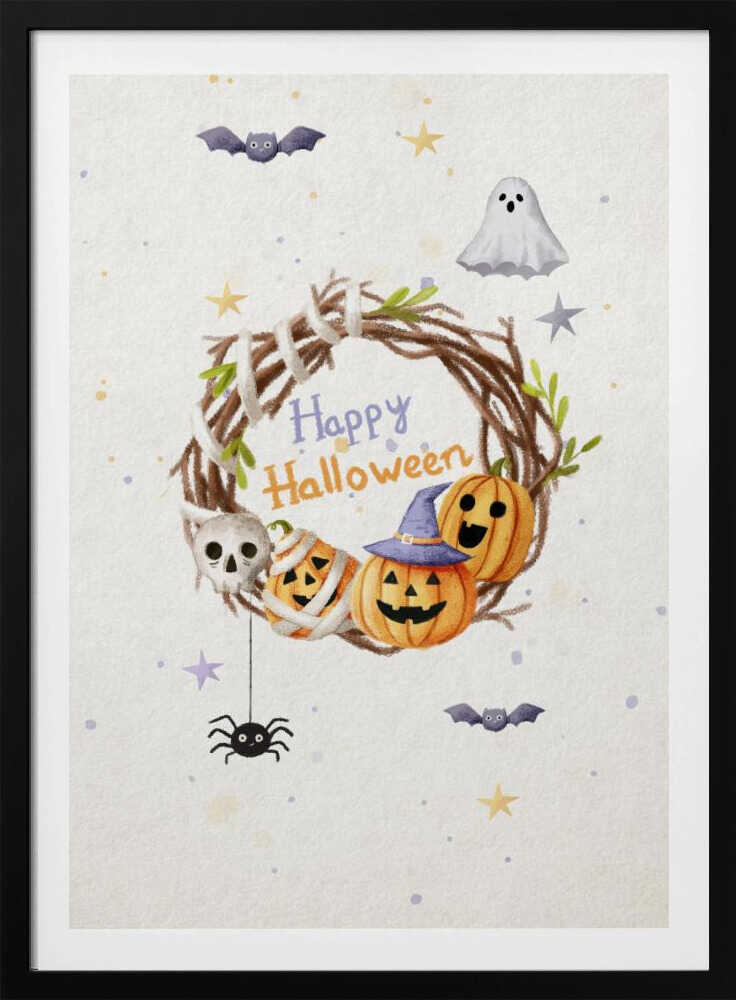 A charming watercolor illustration for Halloween featuring a twig wreath decorated with smiling jack-o'-lanterns, a skull, and the words 'Happy Halloween'. The scene is surrounded by a friendly ghost, bats, a spider, and stars on a light, speckled background, all within a black frame. Decor