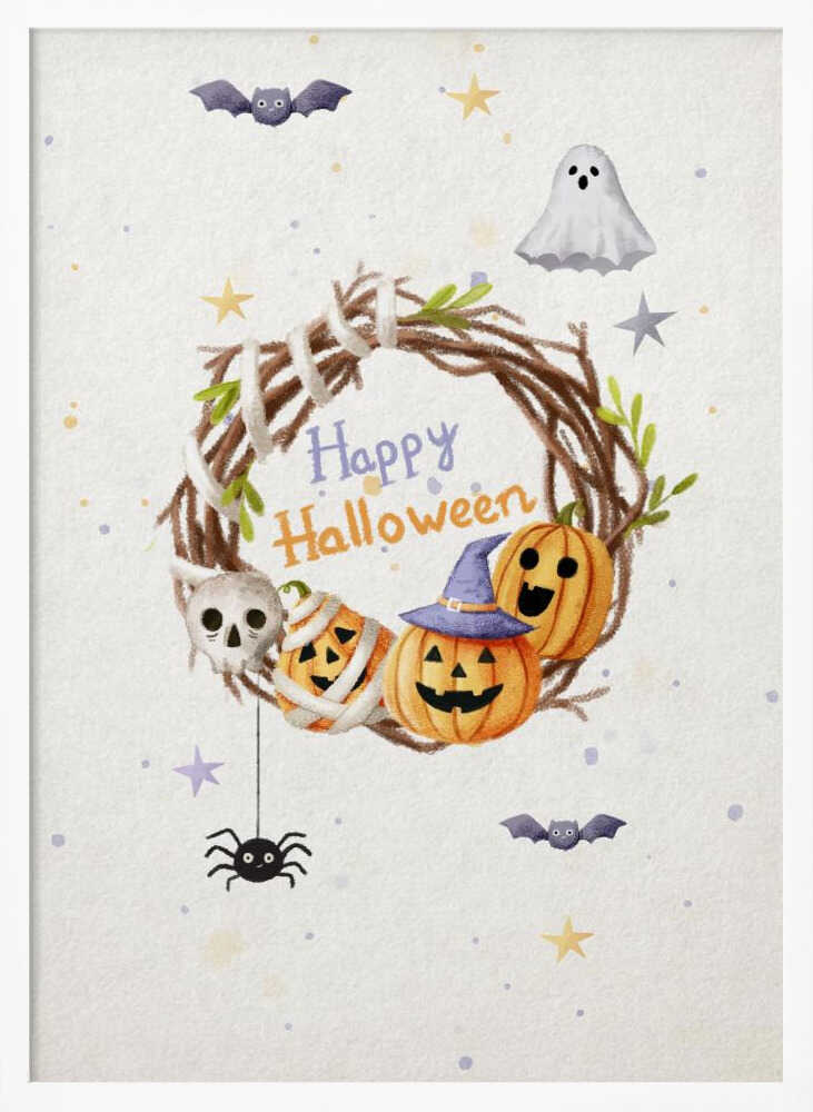A charming watercolor illustration for Halloween featuring a twig wreath decorated with smiling jack-o'-lanterns, a skull, and the words 'Happy Halloween'. The scene is surrounded by a friendly ghost, bats, a spider, and stars on a light, speckled background, all within a black frame. Decor