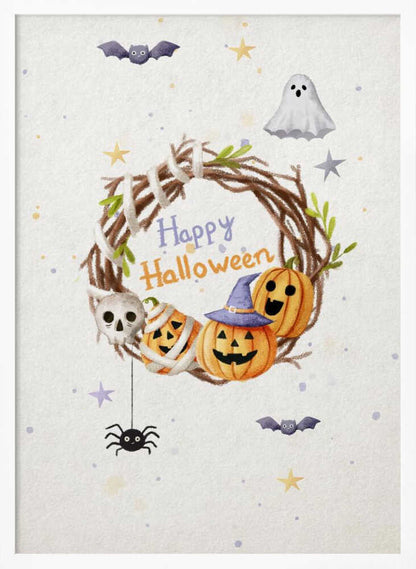 A charming watercolor illustration for Halloween featuring a twig wreath decorated with smiling jack-o'-lanterns, a skull, and the words 'Happy Halloween'. The scene is surrounded by a friendly ghost, bats, a spider, and stars on a light, speckled background, all within a black frame. Decor