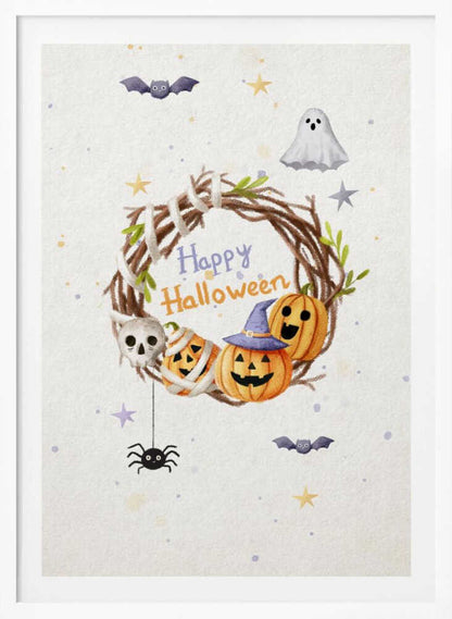 A charming watercolor illustration for Halloween featuring a twig wreath decorated with smiling jack-o'-lanterns, a skull, and the words 'Happy Halloween'. The scene is surrounded by a friendly ghost, bats, a spider, and stars on a light, speckled background, all within a black frame. Decor