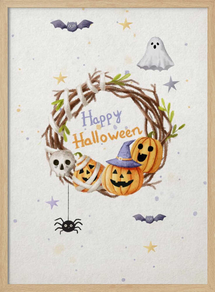 A charming watercolor illustration for Halloween featuring a twig wreath decorated with smiling jack-o'-lanterns, a skull, and the words 'Happy Halloween'. The scene is surrounded by a friendly ghost, bats, a spider, and stars on a light, speckled background, all within a black frame. Decor