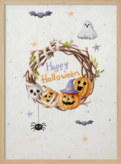 A charming watercolor illustration for Halloween featuring a twig wreath decorated with smiling jack-o'-lanterns, a skull, and the words 'Happy Halloween'. The scene is surrounded by a friendly ghost, bats, a spider, and stars on a light, speckled background, all within a black frame. Decor