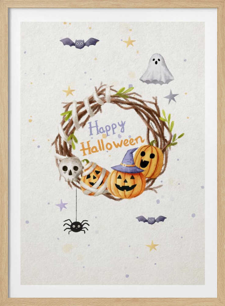 A charming watercolor illustration for Halloween featuring a twig wreath decorated with smiling jack-o'-lanterns, a skull, and the words 'Happy Halloween'. The scene is surrounded by a friendly ghost, bats, a spider, and stars on a light, speckled background, all within a black frame. Decor