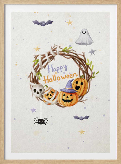 A charming watercolor illustration for Halloween featuring a twig wreath decorated with smiling jack-o'-lanterns, a skull, and the words 'Happy Halloween'. The scene is surrounded by a friendly ghost, bats, a spider, and stars on a light, speckled background, all within a black frame. Decor