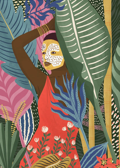 A vibrant, stylized illustration of a dark-skinned woman with a yellow and white patterned face mask, standing amidst a lush jungle. She wears a bright red dress and is surrounded by large, colorful tropical leaves in shades of green, blue, and pink. Artwork