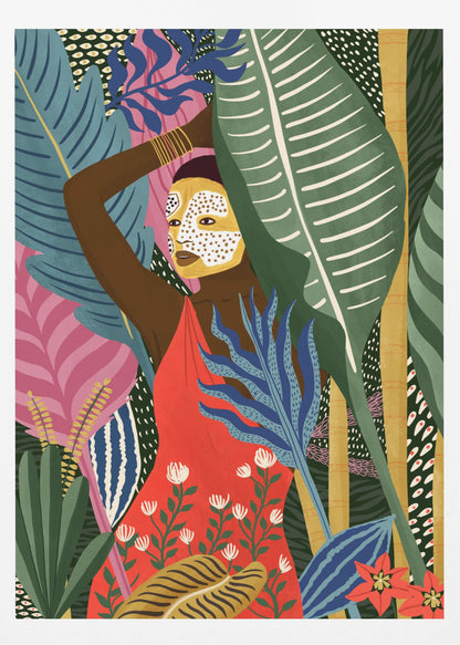A vibrant, stylized illustration of a dark-skinned woman with a yellow and white patterned face mask, standing amidst a lush jungle. She wears a bright red dress and is surrounded by large, colorful tropical leaves in shades of green, blue, and pink. Artwork