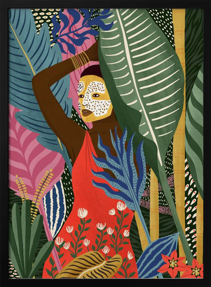 A vibrant, stylized illustration of a dark-skinned woman with a yellow and white patterned face mask, standing amidst a lush jungle. She wears a bright red dress and is surrounded by large, colorful tropical leaves in shades of green, blue, and pink. Artwork