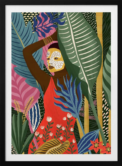 A vibrant, stylized illustration of a dark-skinned woman with a yellow and white patterned face mask, standing amidst a lush jungle. She wears a bright red dress and is surrounded by large, colorful tropical leaves in shades of green, blue, and pink. Artwork
